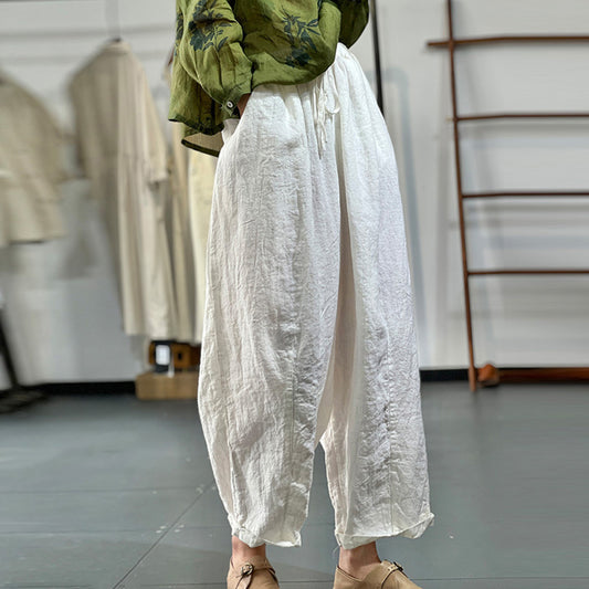 Solid Drawstring Linen Wide Leg Pants