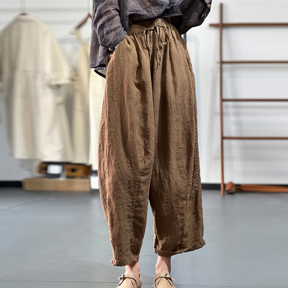 Solid Drawstring Linen Wide Leg Pants