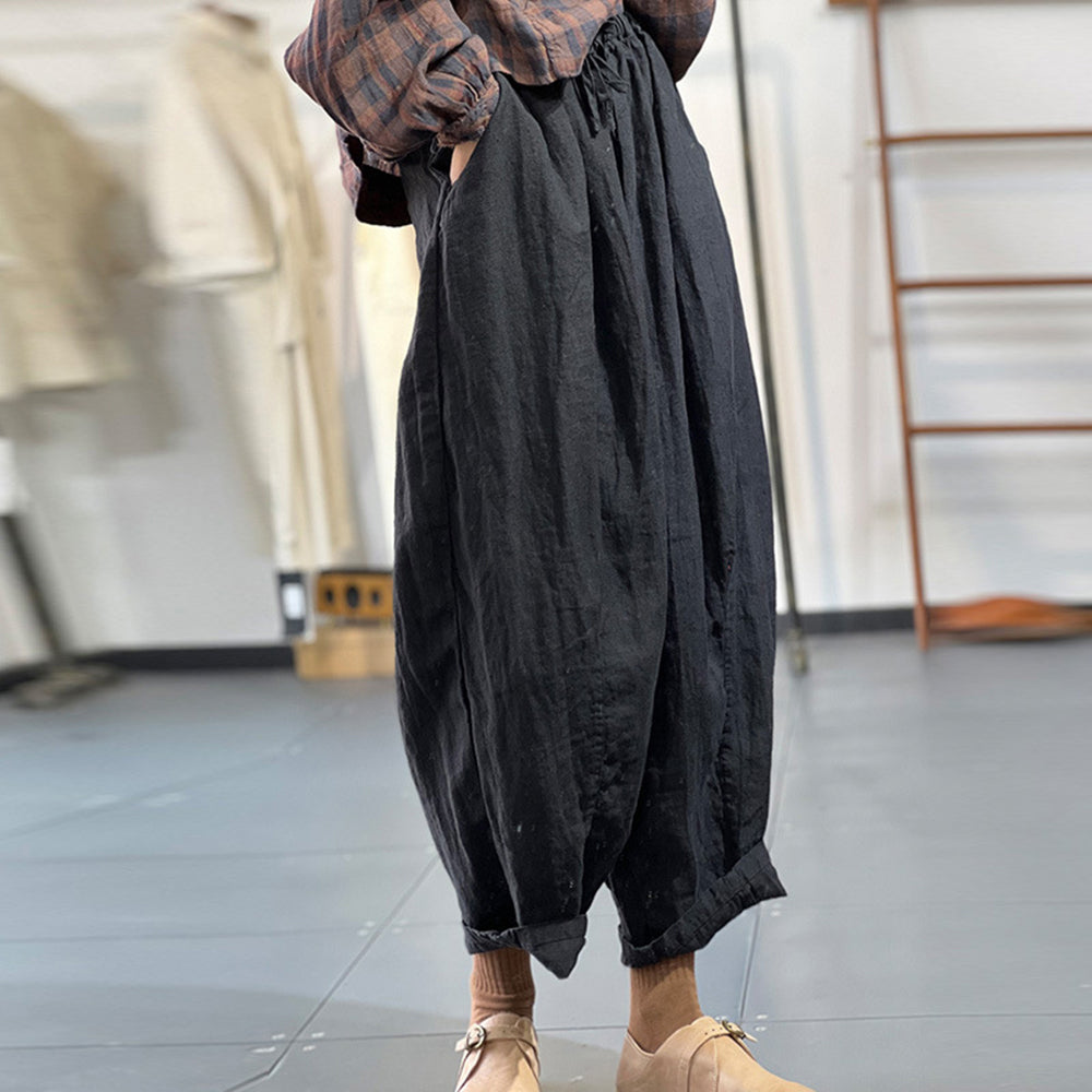 Solid Drawstring Linen Wide Leg Pants