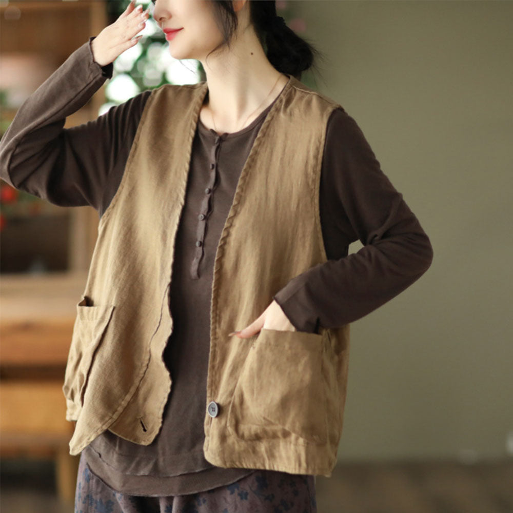 Solid Sleeveless Casual Linen Vest
