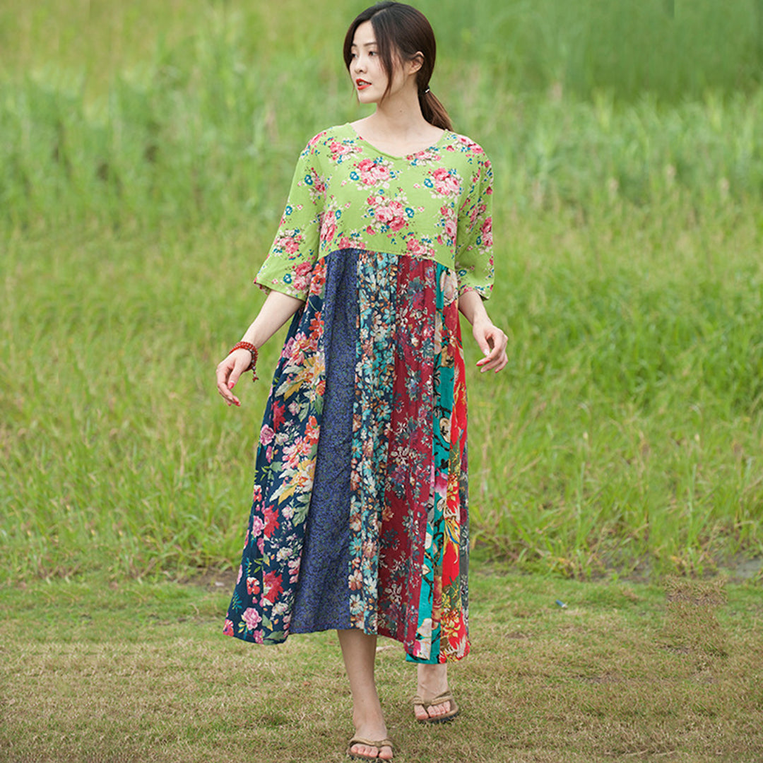 Spliced Floral Lace-up Linen Dress - Luckyback