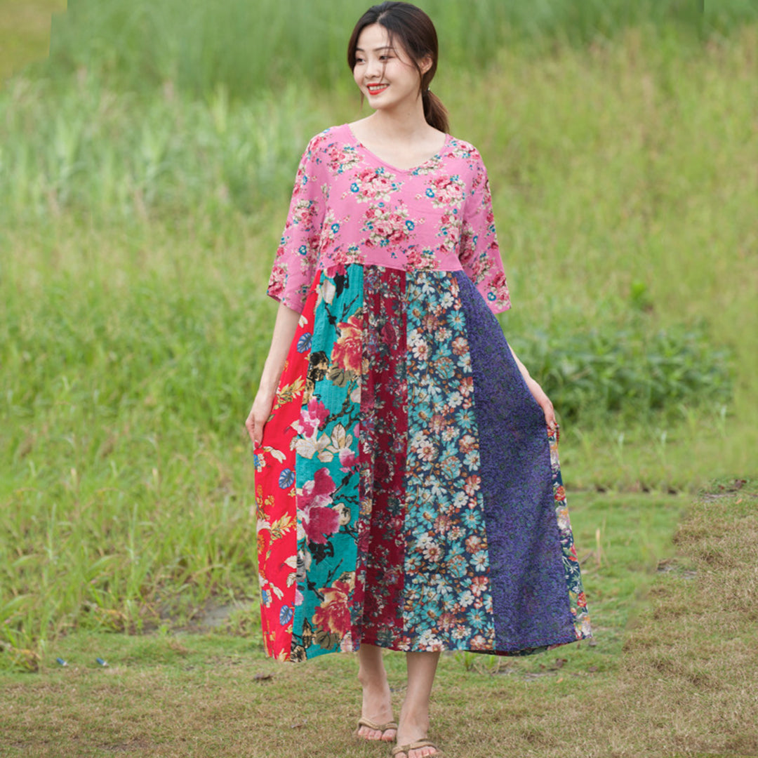 Spliced Floral Lace-up Linen Dress - Luckyback