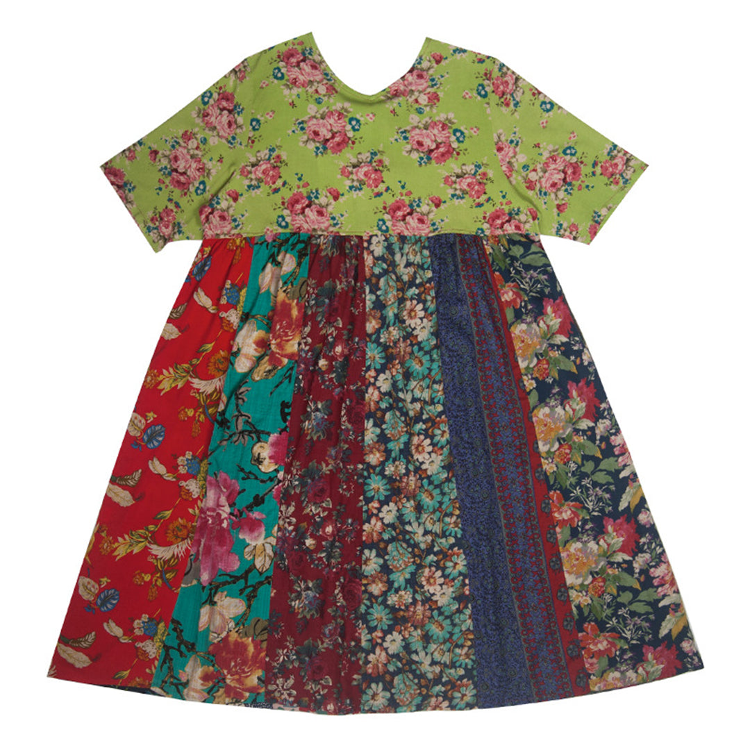 Spliced Floral Lace-up Linen Dress - Luckyback