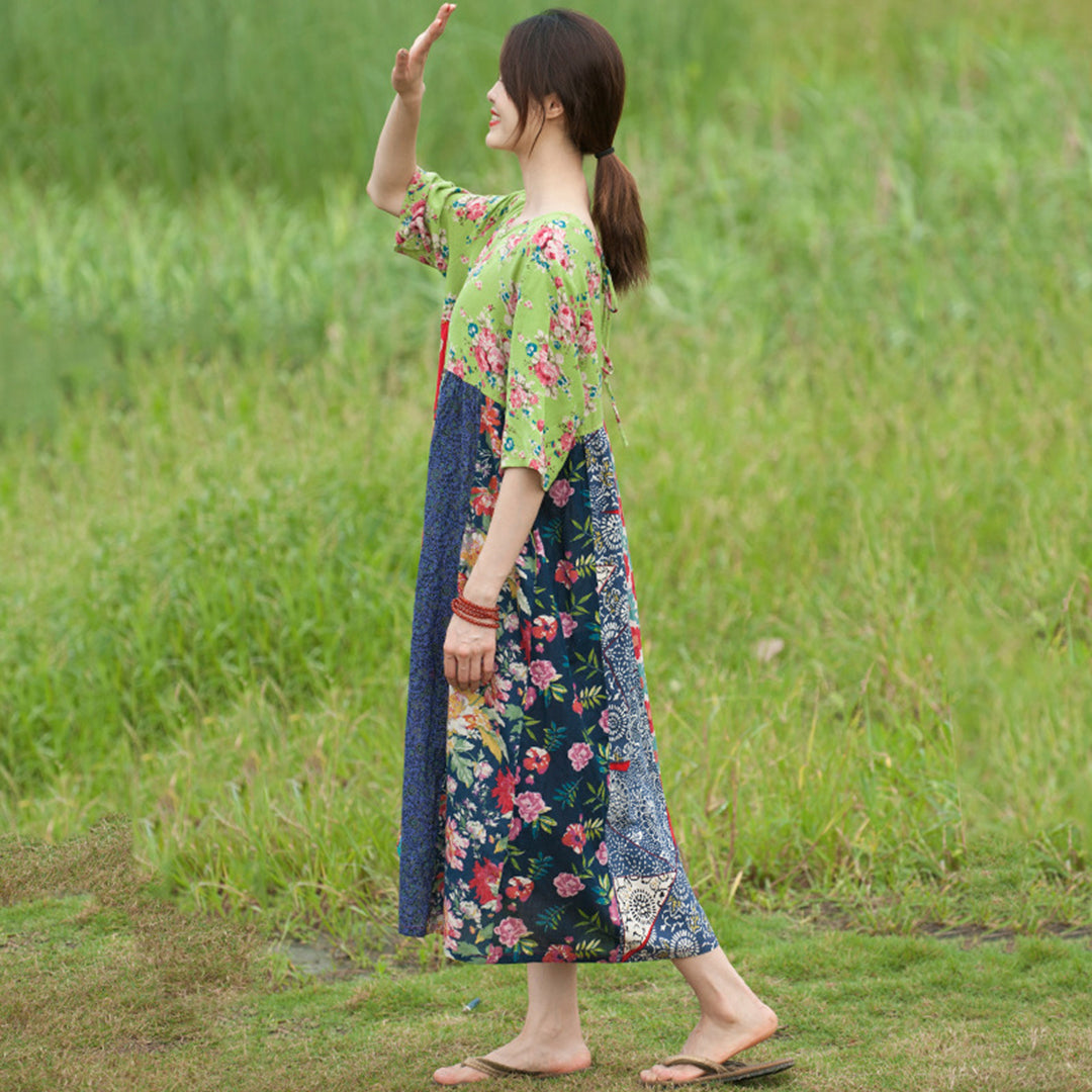 Spliced Floral Lace-up Linen Dress - Luckyback