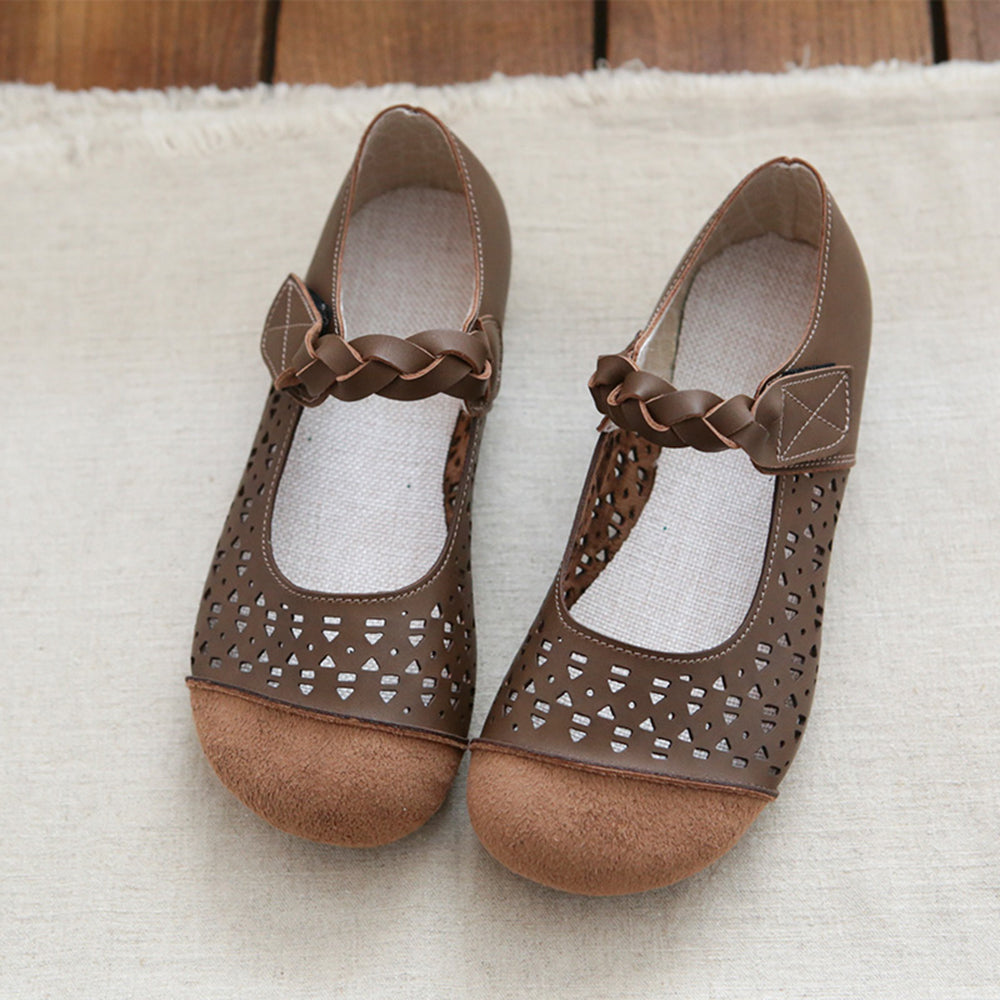 Spliced Hollow-Out Mary Jane Leather Flat Shoes