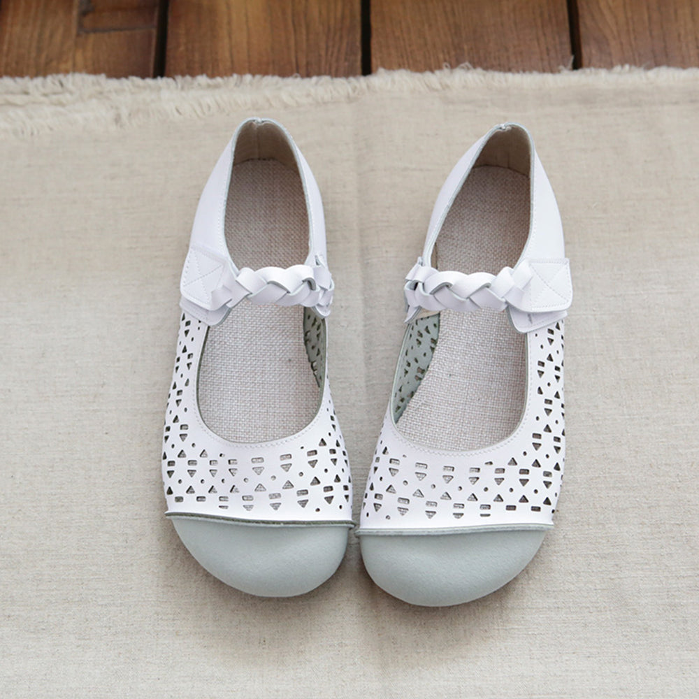 Spliced Hollow-Out Mary Jane Leather Flat Shoes