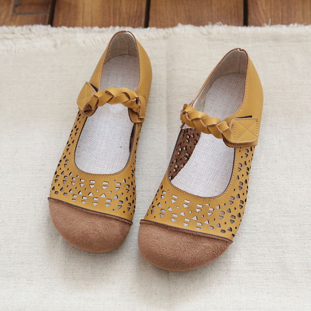Spliced Hollow-Out Mary Jane Leather Flat Shoes