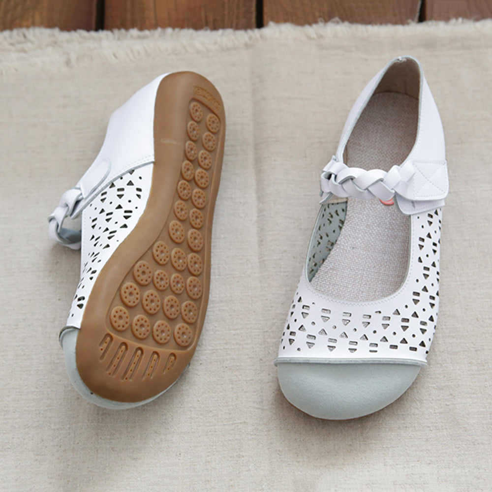 Spliced Hollow-Out Mary Jane Leather Flat Shoes
