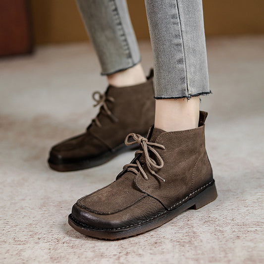 Square Toe Retro Soft Leather Boots - Luckyback
