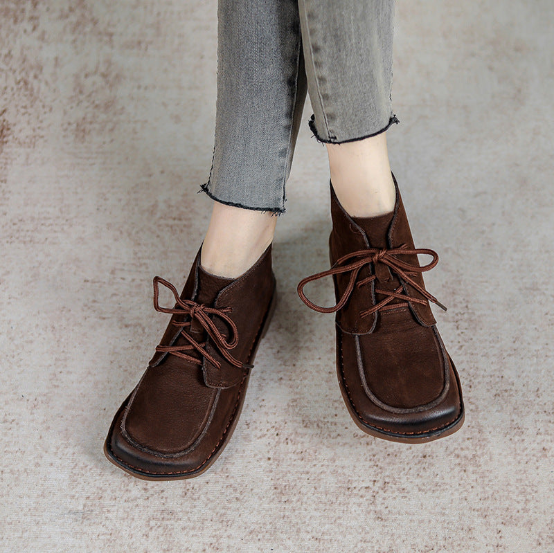 Square Toe Retro Soft Leather Boots - Luckyback