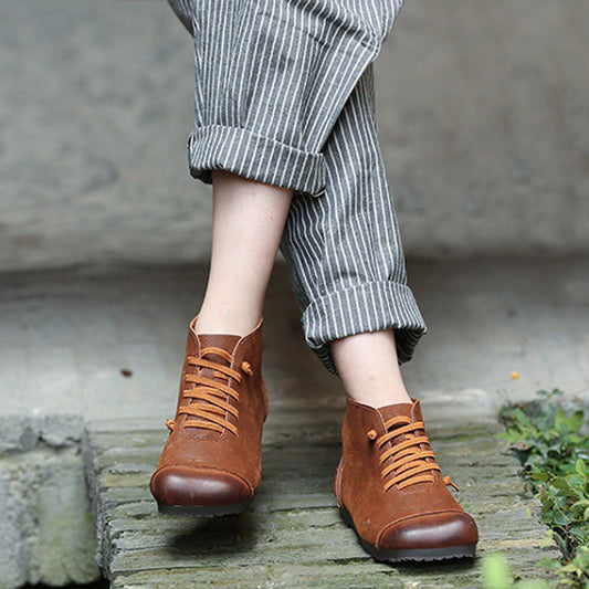 Square Toe Spliced Retro Leather Boots - Luckyback