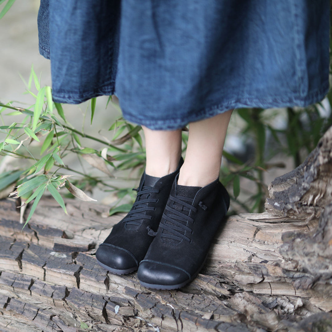 Square Toe Spliced Retro Leather Boots - Luckyback