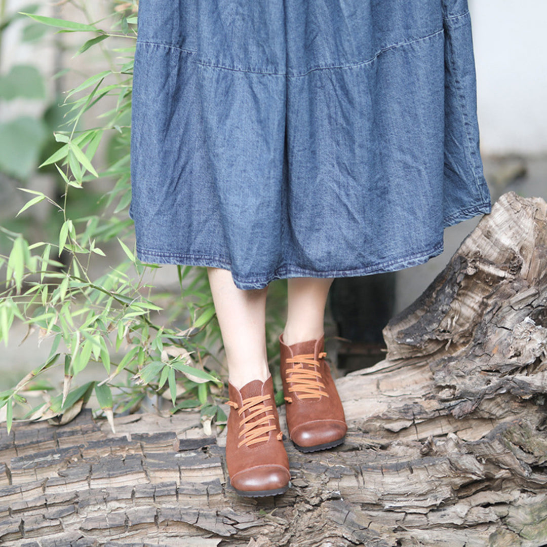 Square Toe Spliced Retro Leather Boots - Luckyback