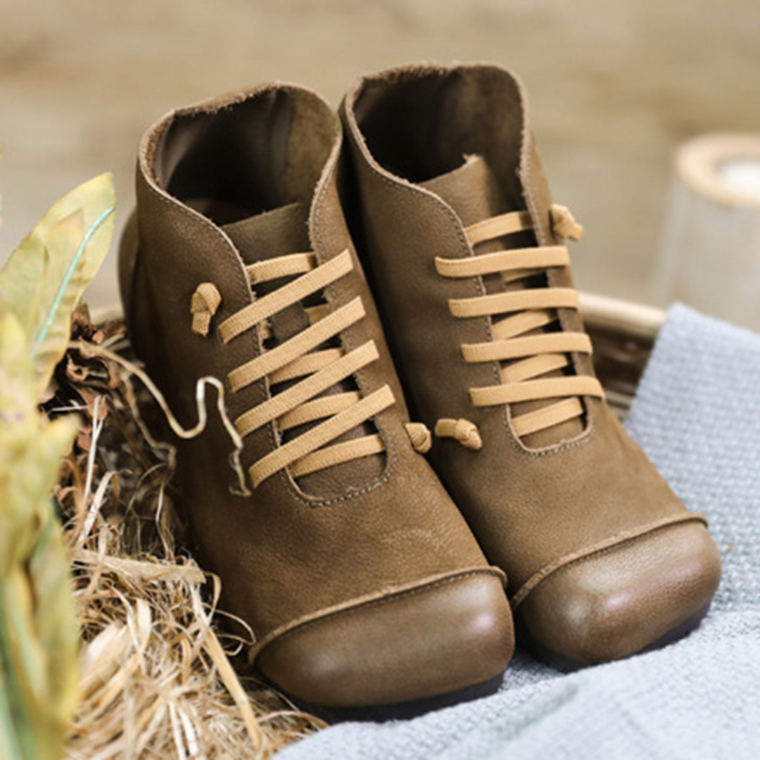 Square Toe Spliced Retro Leather Boots - Luckyback