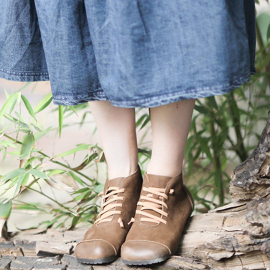 Square Toe Spliced Retro Leather Boots - Luckyback