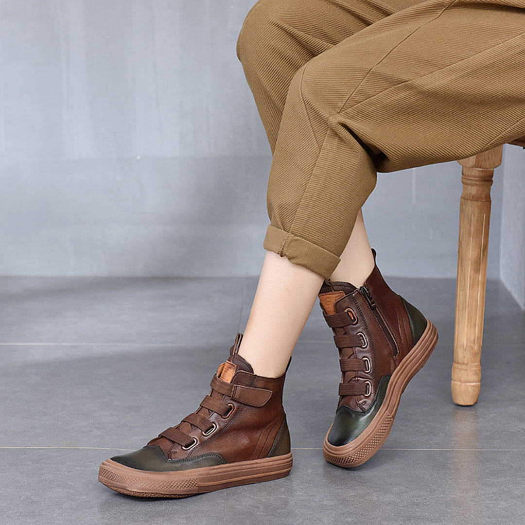 Square Toe Velcro Leather Ankle Boots - Luckyback