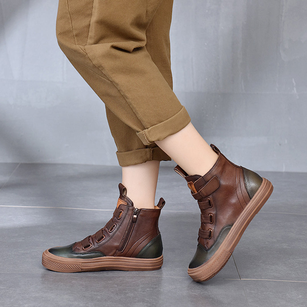 Square Toe Velcro Leather Ankle Boots - Luckyback