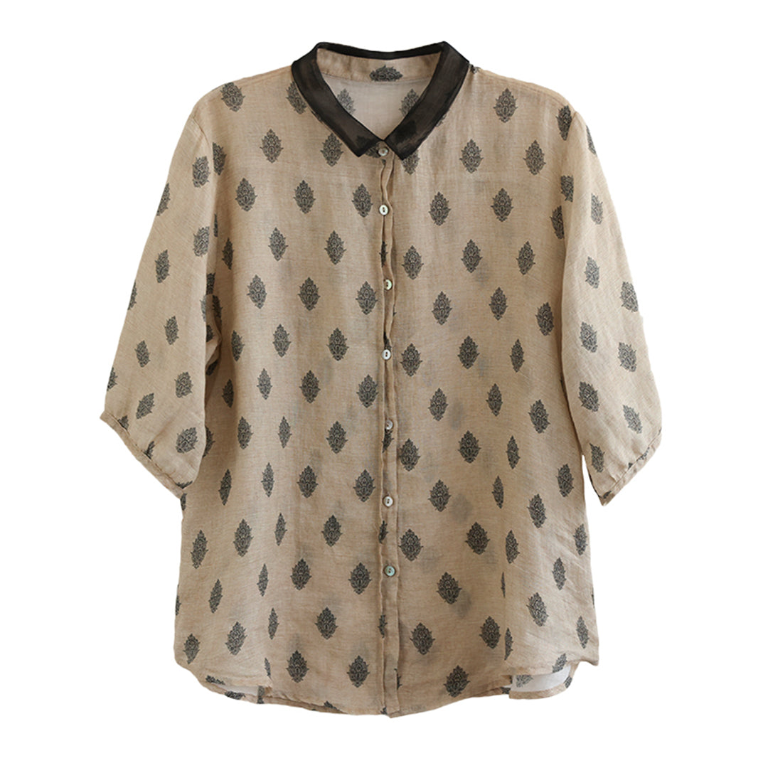 Stitching Retro Ramie Print Sleeve Shirt
