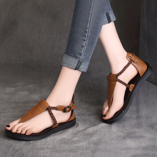 Summer Clip Toe Flat Leather Buckle Sandals - Luckyback