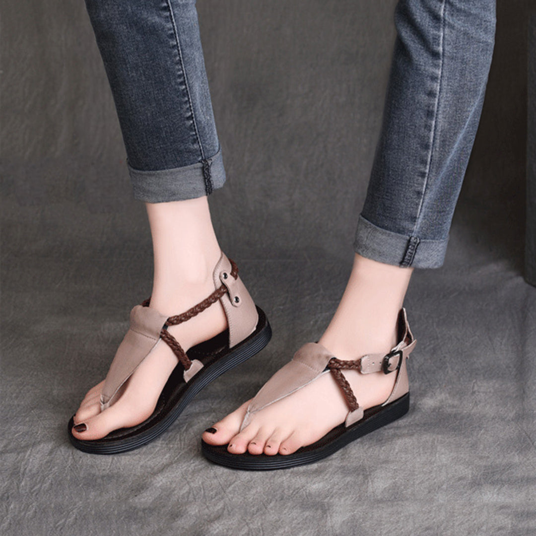 Summer Clip Toe Flat Leather Buckle Sandals - Luckyback