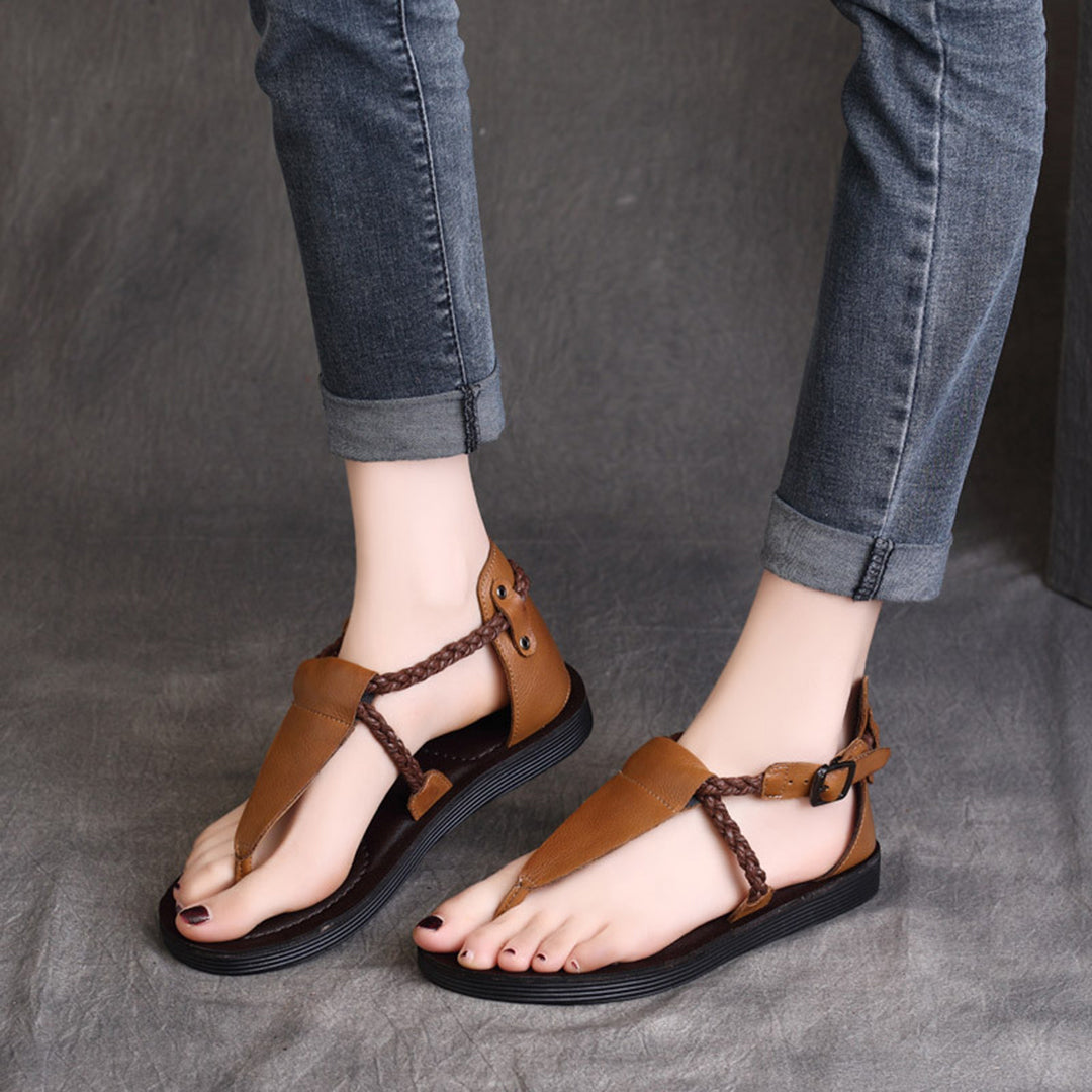 Summer Clip Toe Flat Leather Buckle Sandals - Luckyback