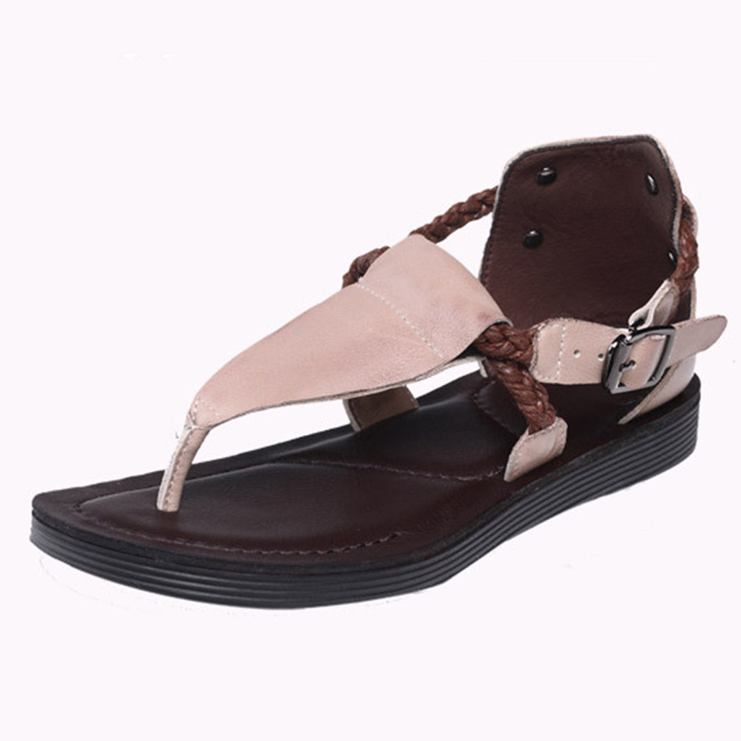 Summer Clip Toe Flat Leather Buckle Sandals - Luckyback