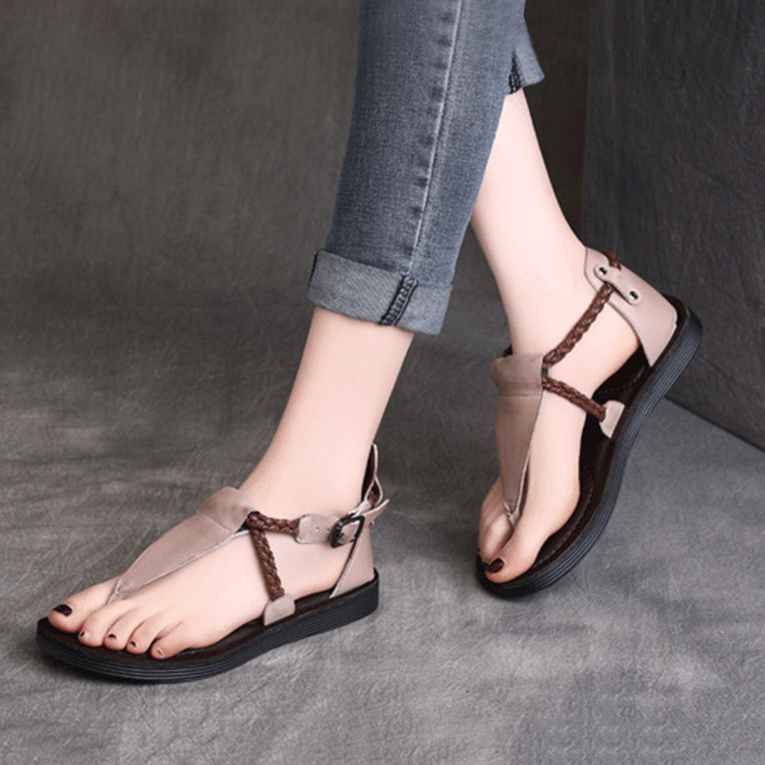 Summer Clip Toe Flat Leather Buckle Sandals - Luckyback
