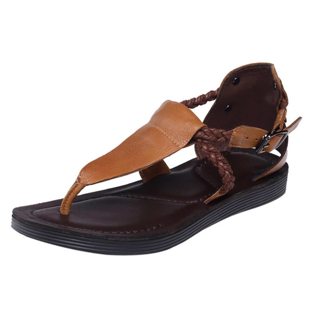 Summer Clip Toe Flat Leather Buckle Sandals - Luckyback