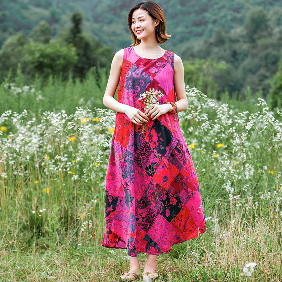 Summer Floral Grid Sleeveless Dress - Luckyback