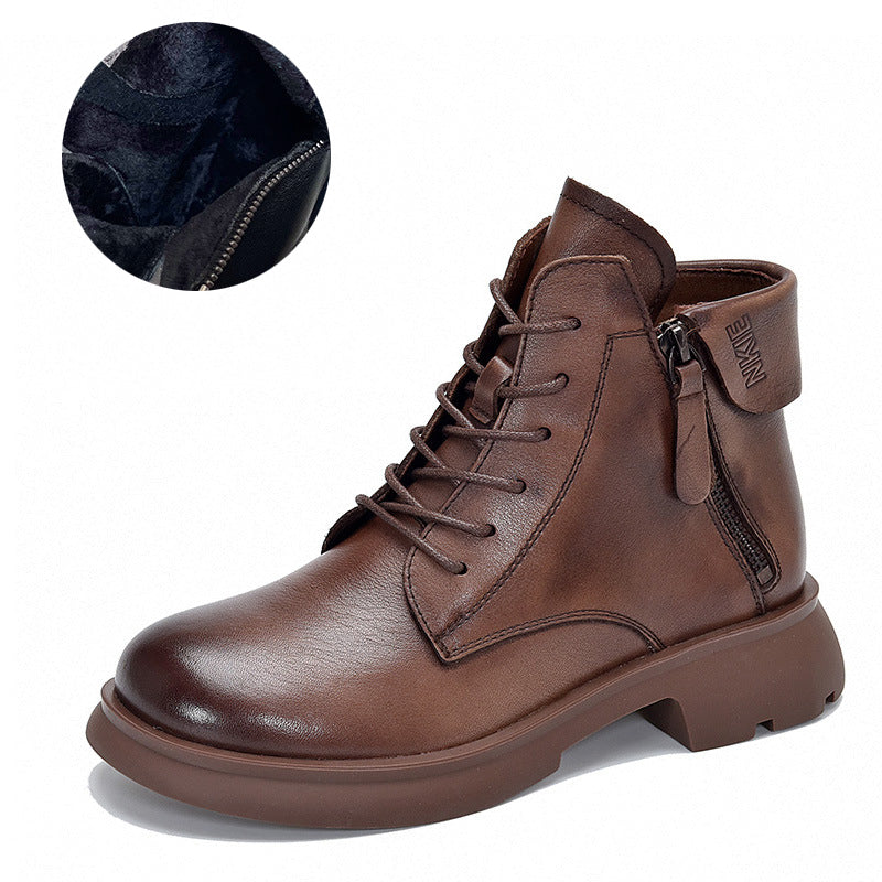 Trendy British Style Leather Ankle Boots With Double Zippers