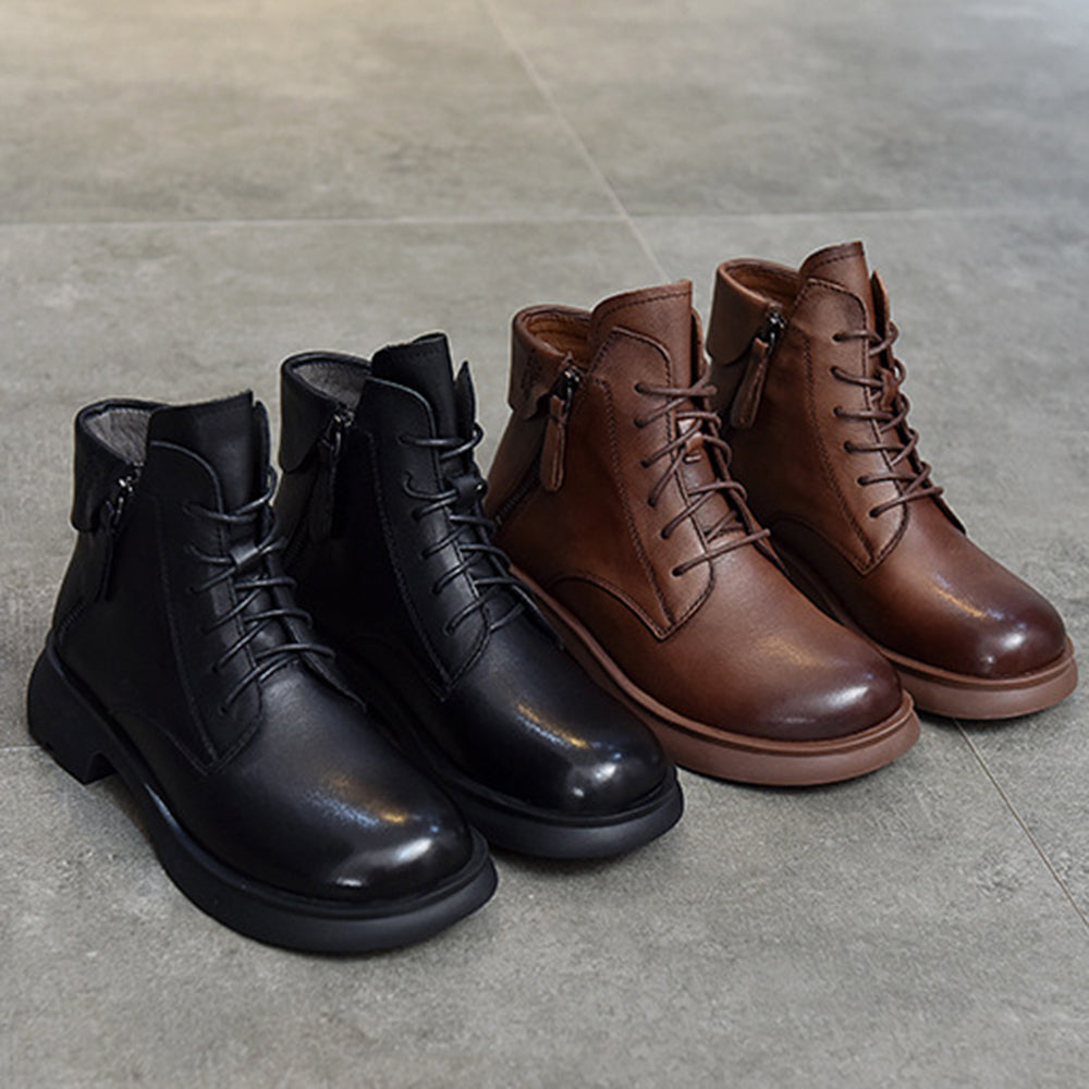 Trendy British Style Leather Ankle Boots With Double Zippers