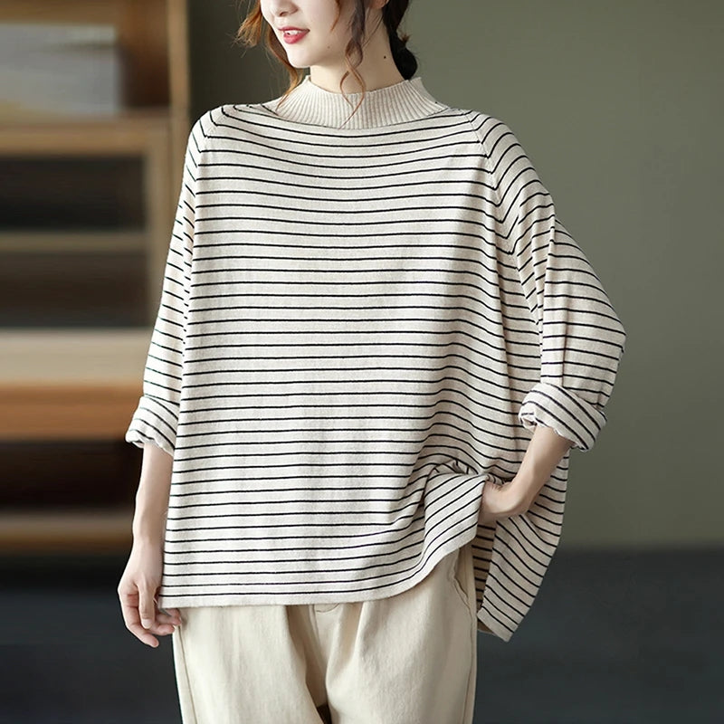 Turtleneck Stripes Knitted Sweater - Luckyback