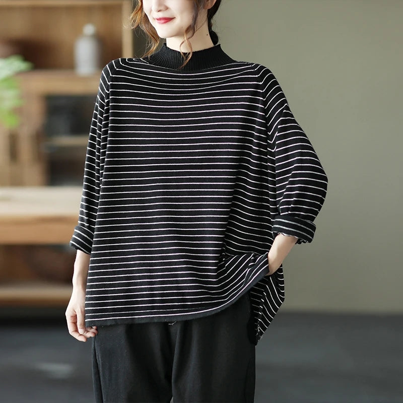 Turtleneck Stripes Knitted Sweater - Luckyback