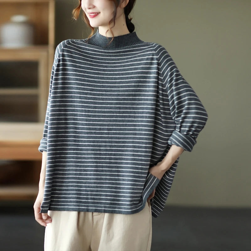 Turtleneck Stripes Knitted Sweater - Luckyback