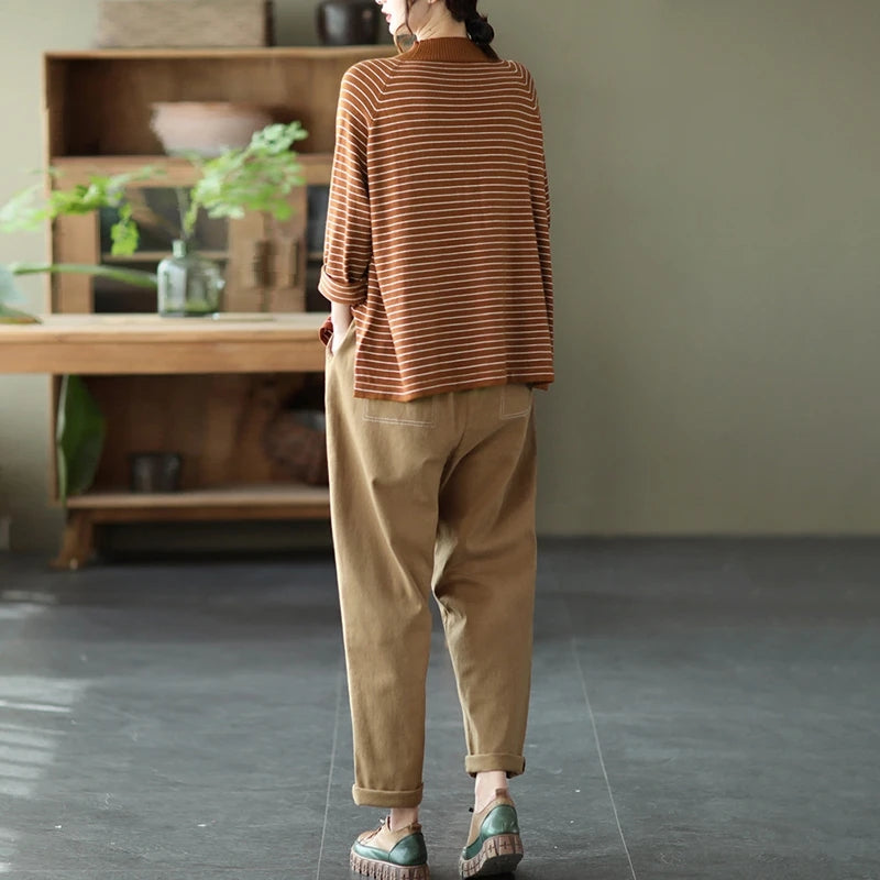 Turtleneck Stripes Knitted Sweater - Luckyback