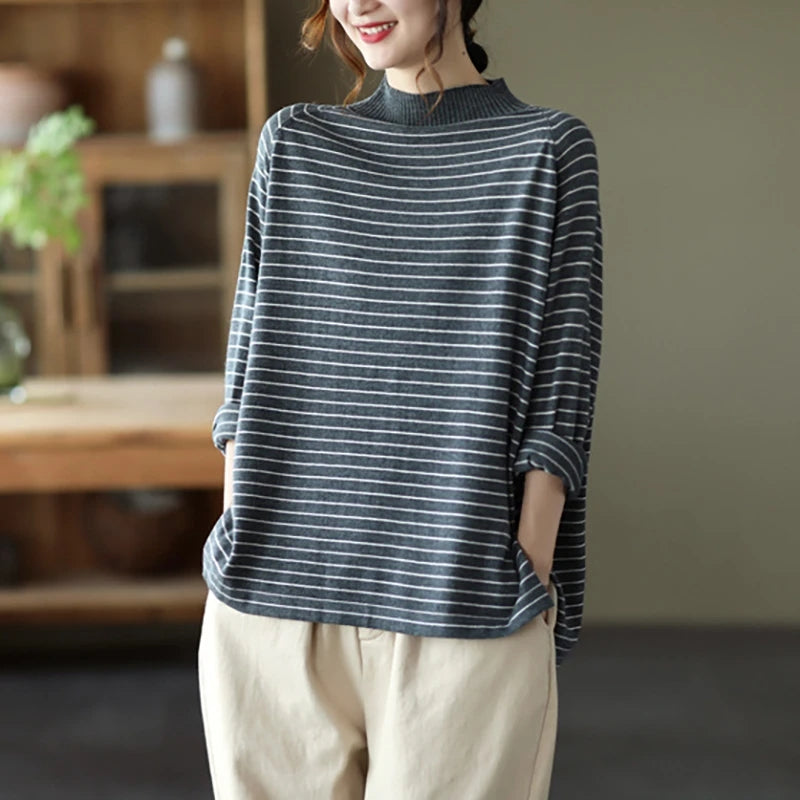 Turtleneck Stripes Knitted Sweater - Luckyback