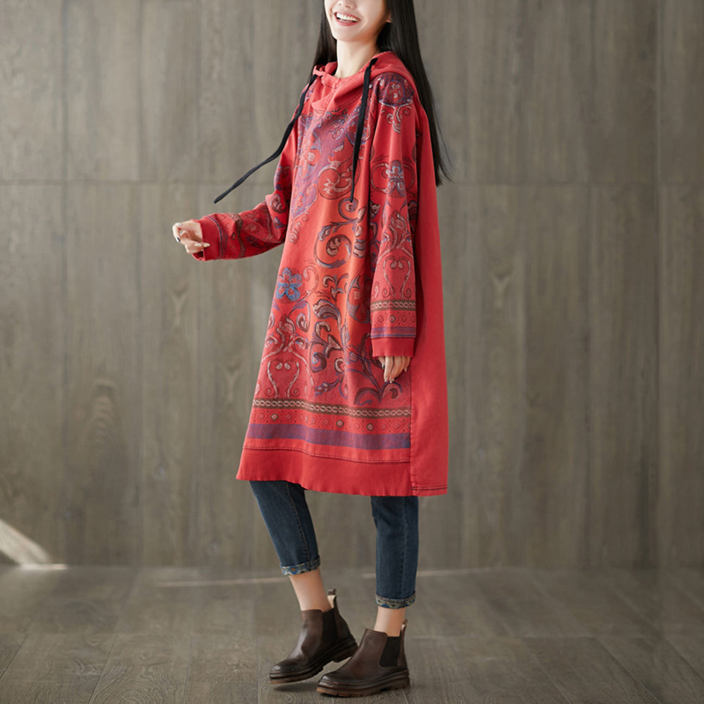 Vintage Printed Mid-length Hooded Dress For Women