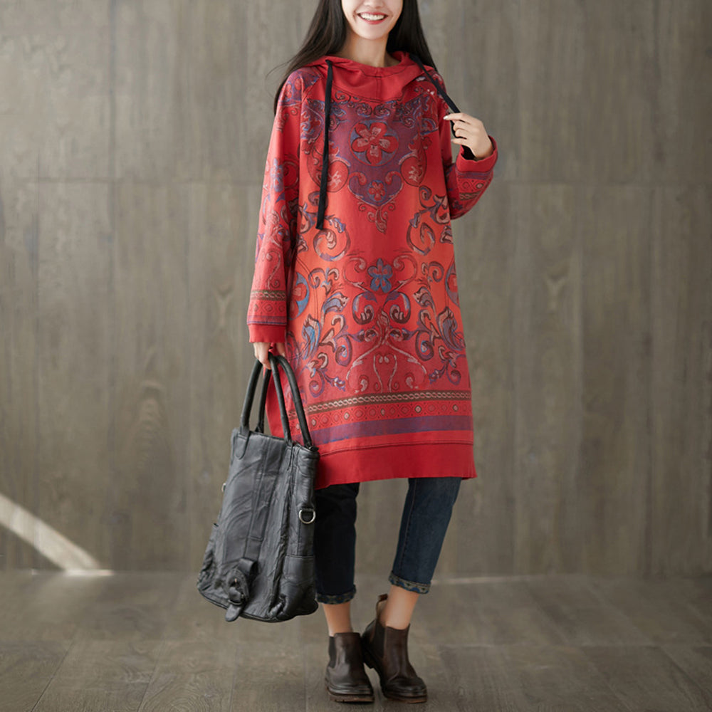 Vintage Printed Mid-length Hooded Dress For Women