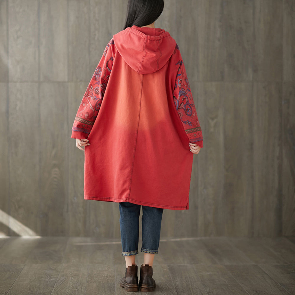 Vintage Printed Mid-length Hooded Dress For Women