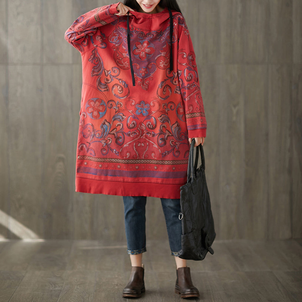Vintage Printed Mid-length Hooded Dress For Women
