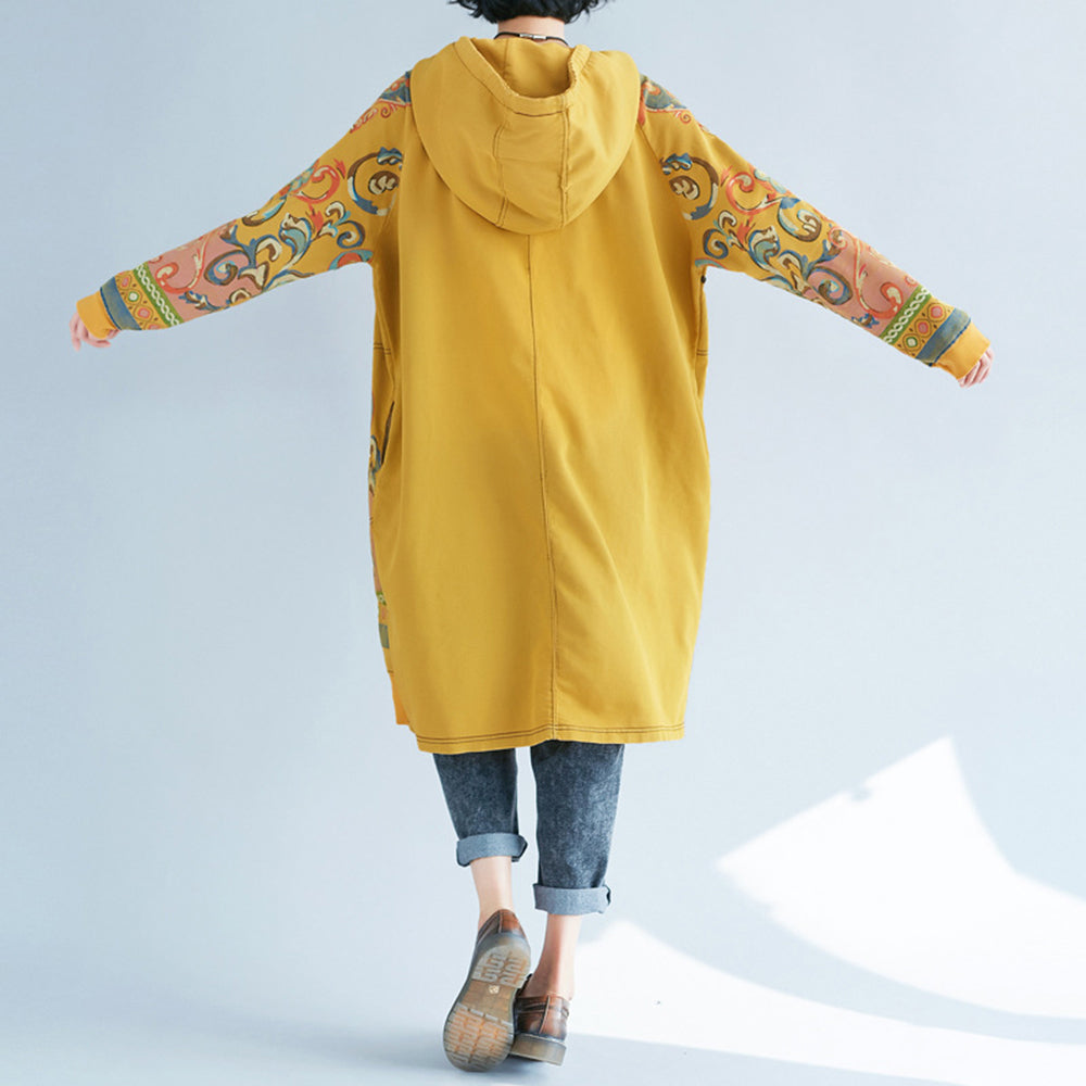 Vintage Printed Mid-length Hooded Dress For Women