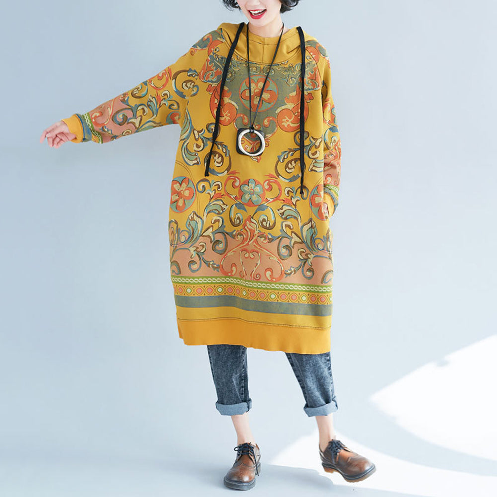 Vintage Printed Mid-length Hooded Dress For Women