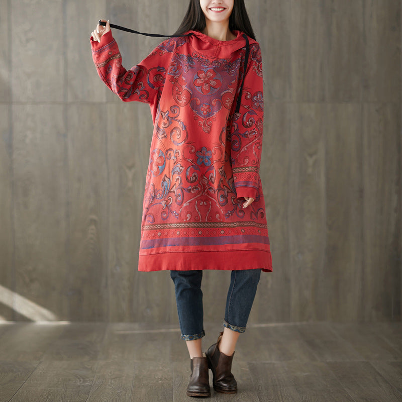 Vintage Printed Mid-length Hooded Dress For Women