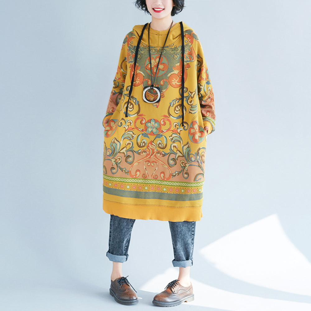 Vintage Printed Mid-length Hooded Dress For Women