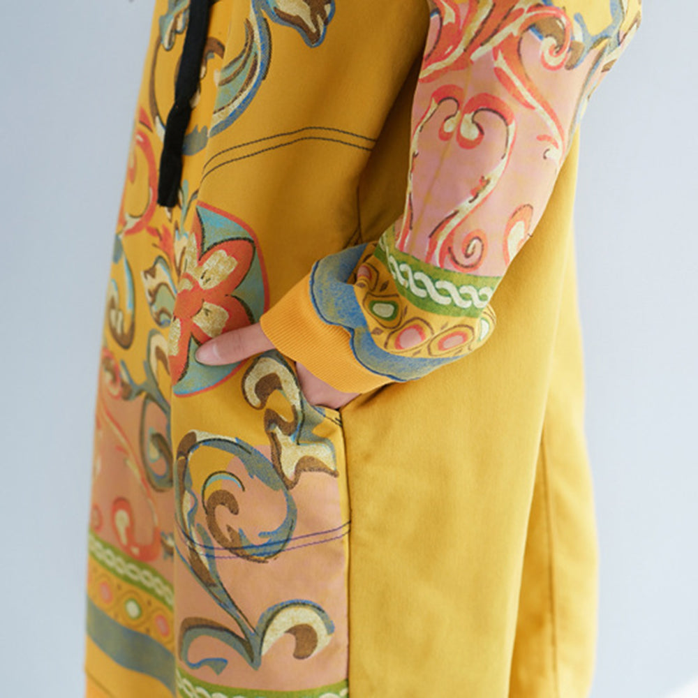 Vintage Printed Mid-length Hooded Dress For Women