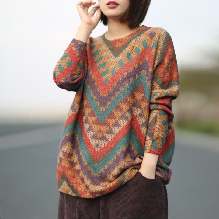 Vintage Rainbow Geometric Knitted Sweater - Luckyback