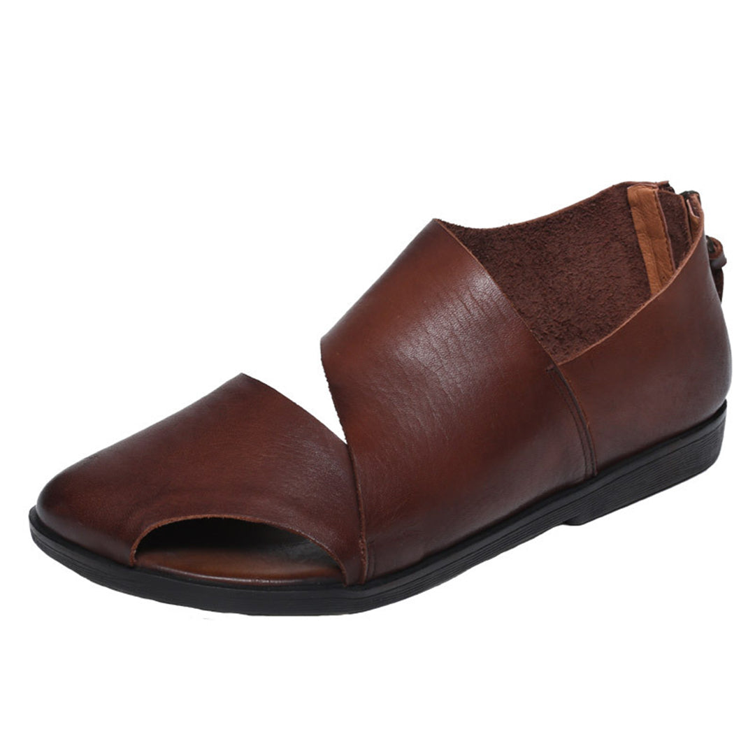 Women Back-Zipper Flat Leather Sandals - Luckyback