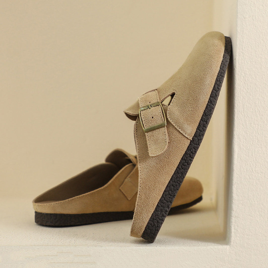 Women Closed Toe Soft Suede Sliders With Buckle Accents