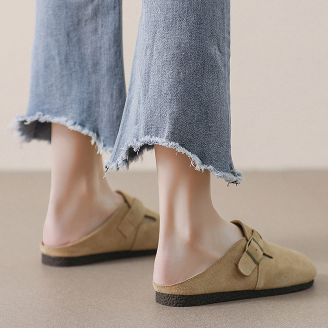 Women Closed Toe Soft Suede Sliders With Buckle Accents
