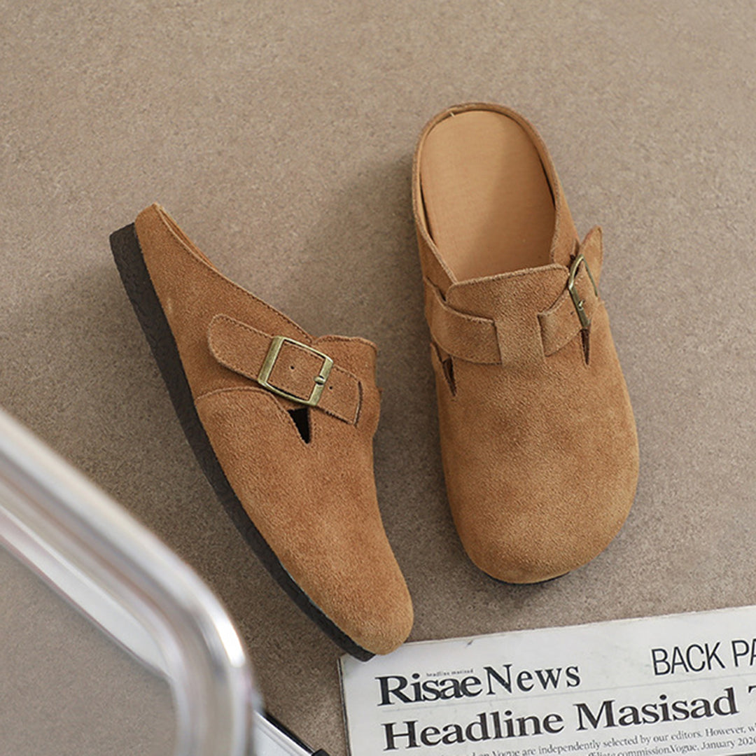 Women Closed Toe Soft Suede Sliders With Buckle Accents
